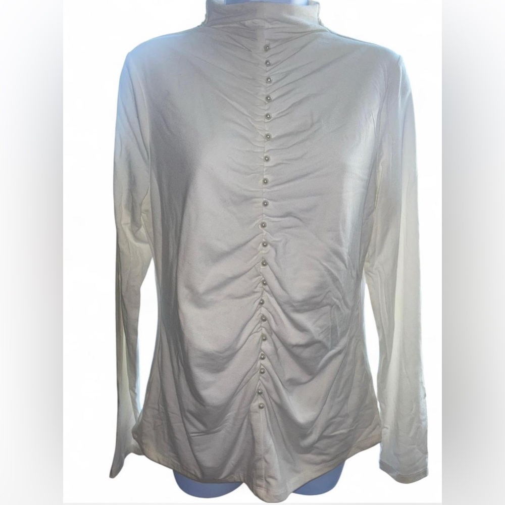 ELIE TAHARI white ruched blouse with pearl embellishments